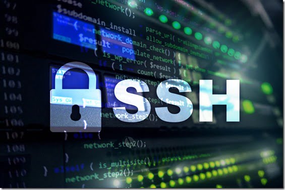 SSH - Secure shell network internet connection. Server room on background.